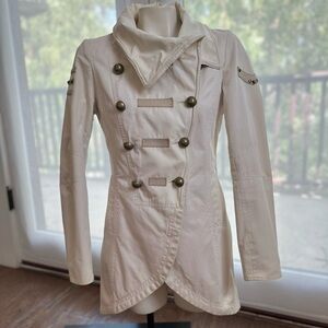 Mackage Cream Military Trench Coat with Structured Shoulders and Collar